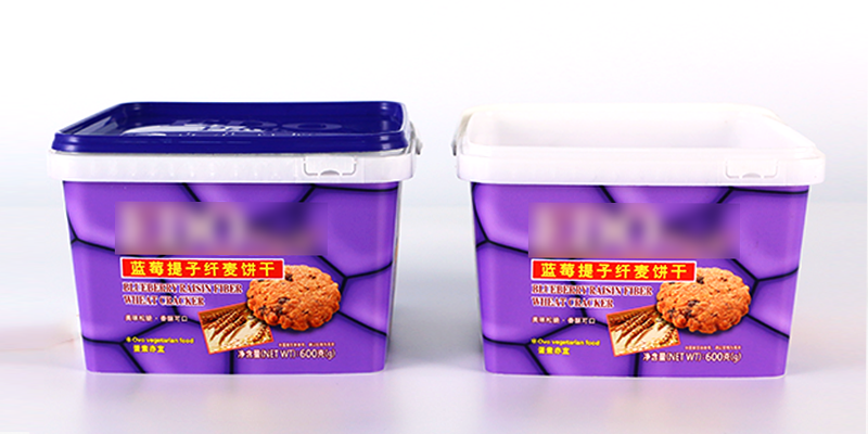 Square IML injection plastic food tub, custom printed cookie and biscuit storage container with snap lid Intlpack
